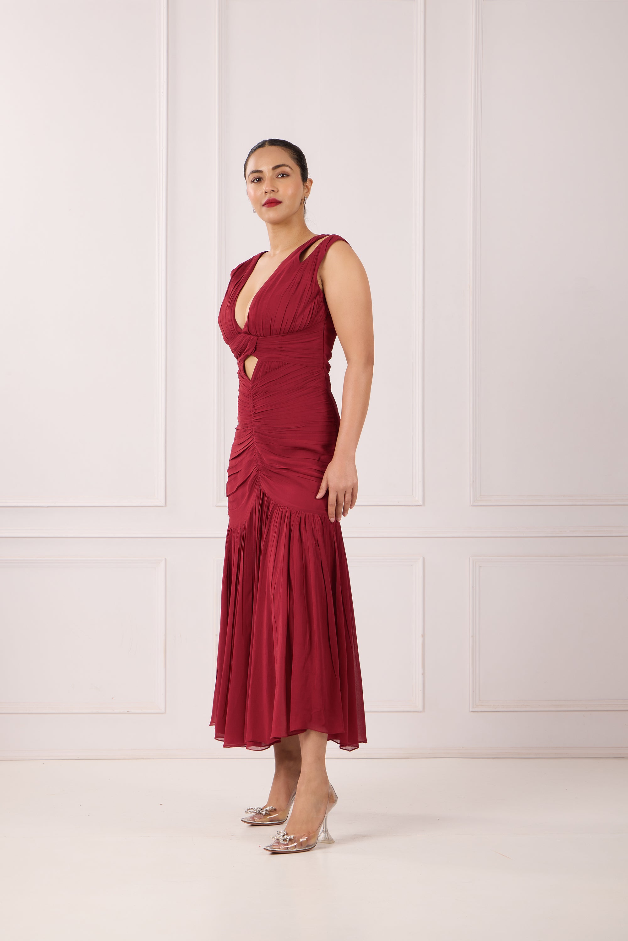 Cherry Red Draped Midi Dress