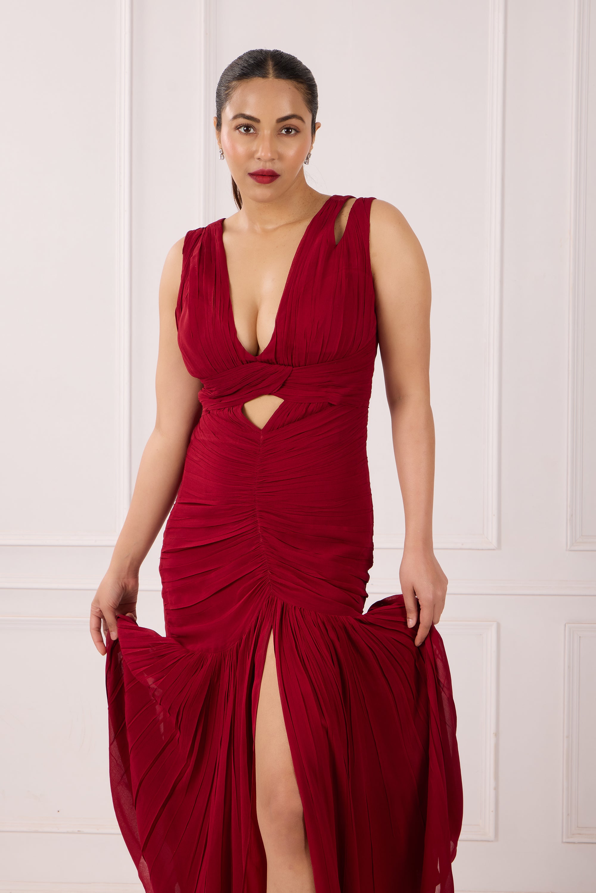 Cherry Red Draped Midi Dress