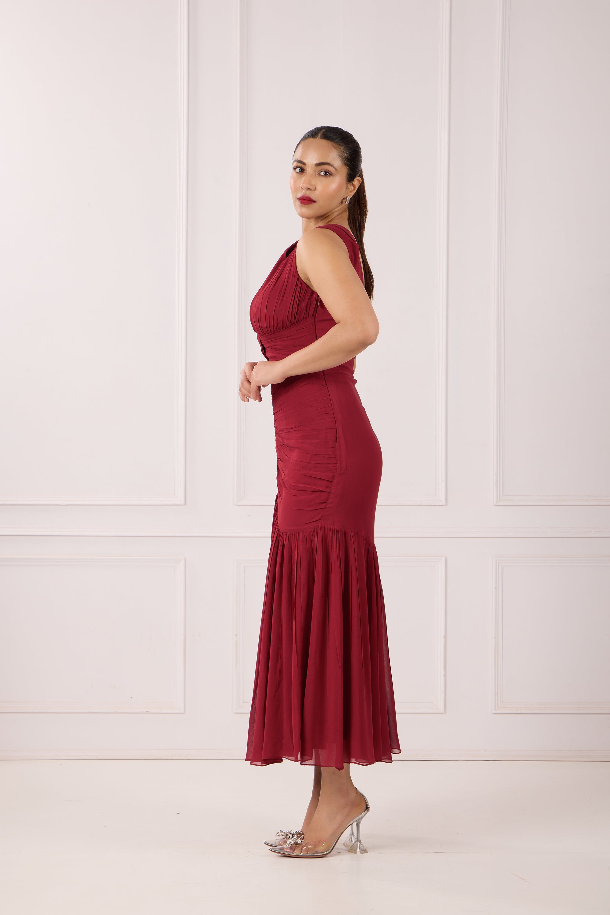 Cherry Red Draped Midi Dress