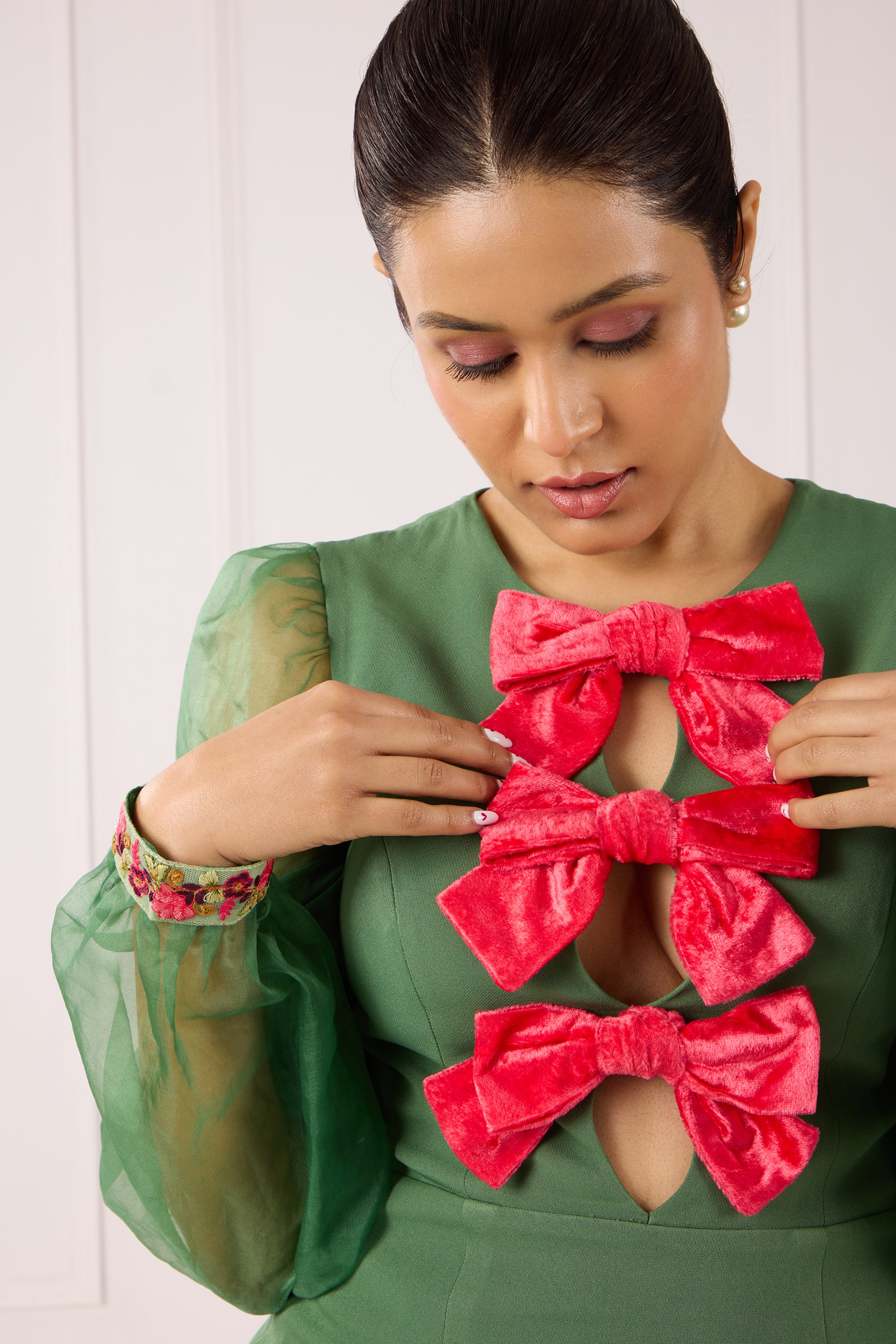 Green Pencil Dress with Pink Velvet Bows